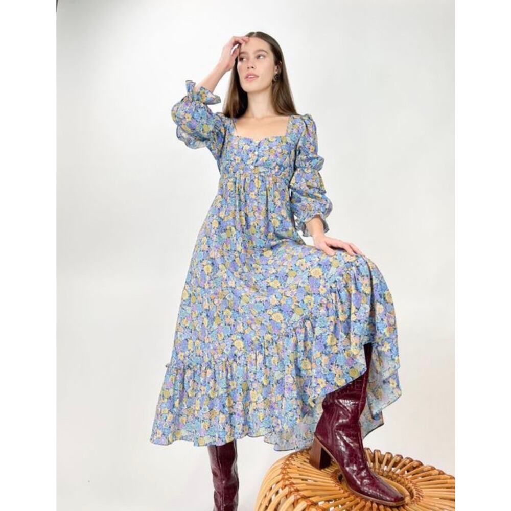 Kristinit Love Dress Blue Yellow Floral Boho Modern Prairie Womans XS